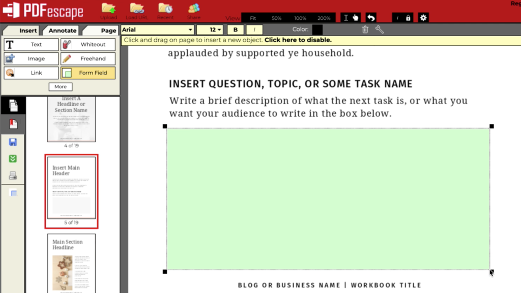 PDF Escape Adding Form Fields For Fillable Working Areas