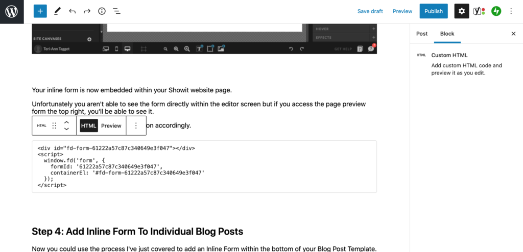 Wordpress Blog Post Custom HTML Block For Flodesk Inline Form Code