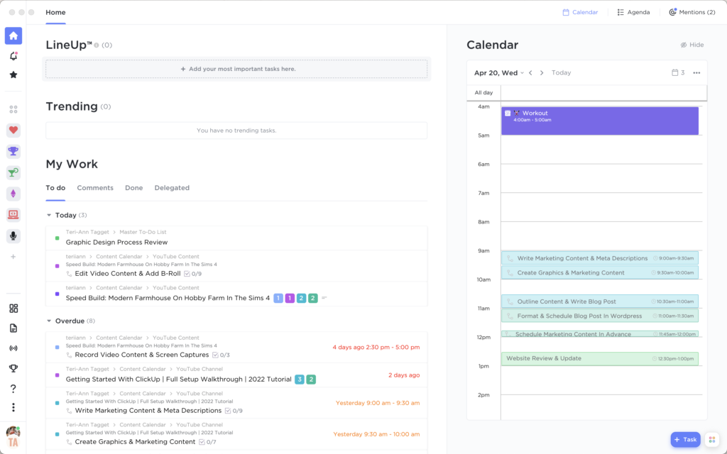 ClickUp Project Management Home Page Overview of My Work and Calendar with Google Calendar Integration