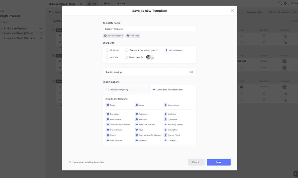 ClickUp Template Import Options - Customizing Included Items