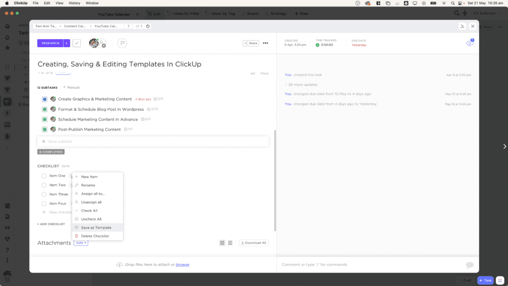 Saving A Checklist Template Within A Task