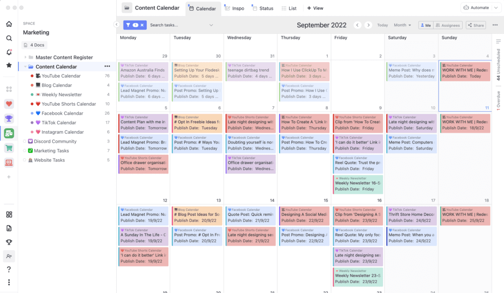 ClickUp Content Calendar Folder September 2022 - Teri-Ann Tagget